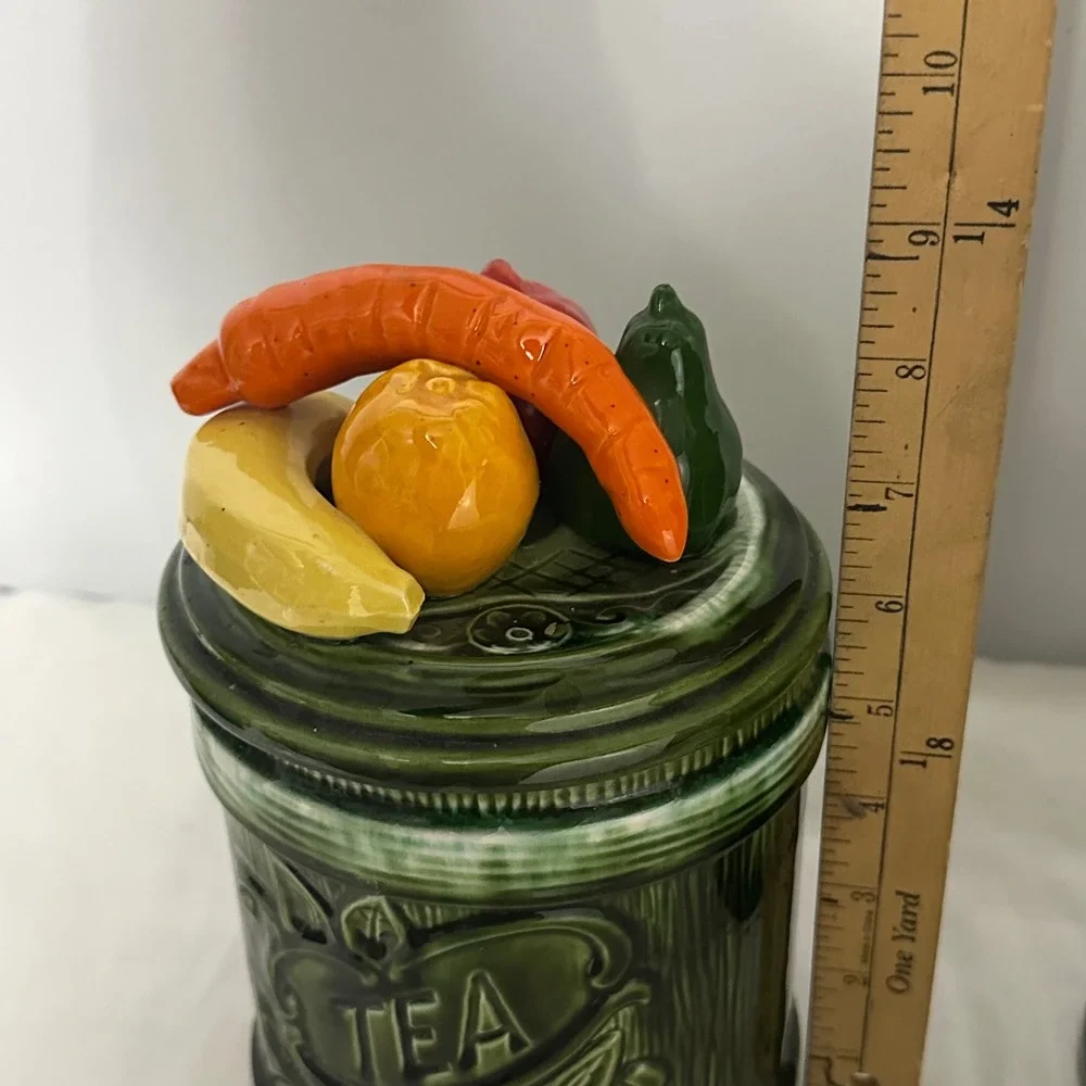 Vintage Fruit Lid Ceramic Canister Avacado Green Tea Flour Jars Good Retro MCM